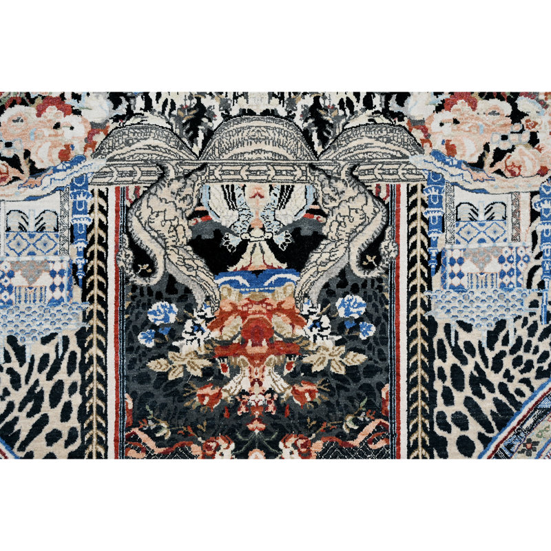 High-Quality Hand-Knotted Black And Multi Area Rug, Rectangle 9' x 12'