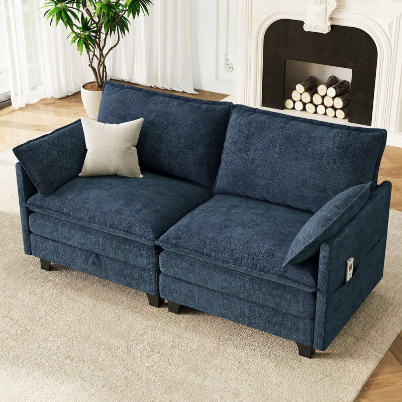Causeuse moderne en chenille avec mousse durable à haute densité et deux coussins décoratifs, Bleu