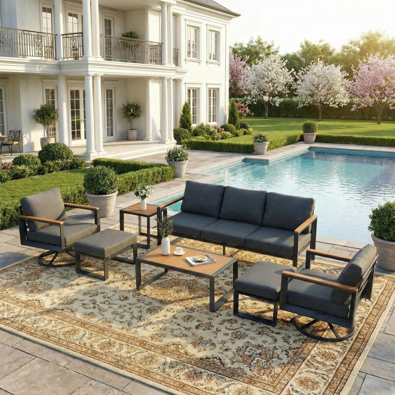 Aluminum Outdoor Patio Furniture Set 7 Pieces, 2 Swivel Rocking Chairs, 3-Seater Bench, 2 Ottomans, Coffee Table & Side Table, Patio Sectional Conversation Furniture Set With Thick Cushions