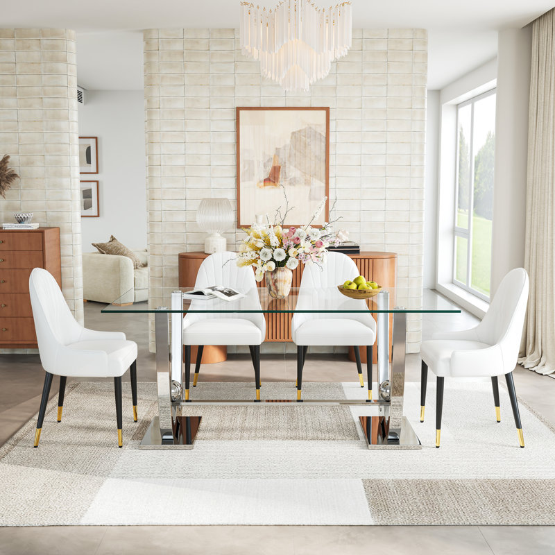 Modern Rectangular Glass Dining Table Set, Tempered Glass Top, Polished Stainless Steel W-Shaped Base, Faux Leather Chairs