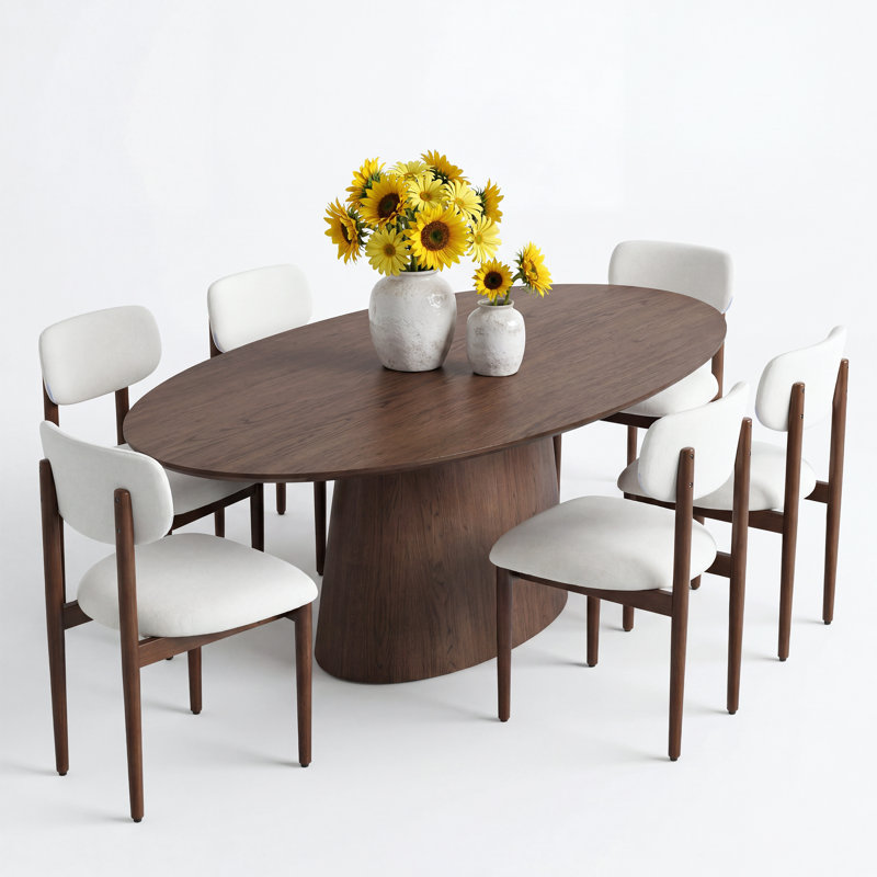 Chynthia 72" Oval Solid Wood Dining Set With Elliptical Pedestal Base, Walnut
