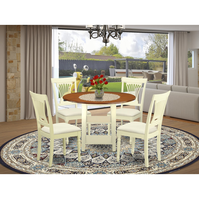 L'ensemble de mobilier de salle à manger 5 pièces comprend une table de cuisine ronde avec Dropleaf et des tablettes et 4 chaises en tissu de lin, babeurre et cerise