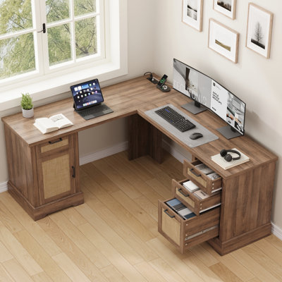 Tiroir de rangement en L 67 po et station de charge, bureau d'ordinateur en coin avec rangement pour classeur
