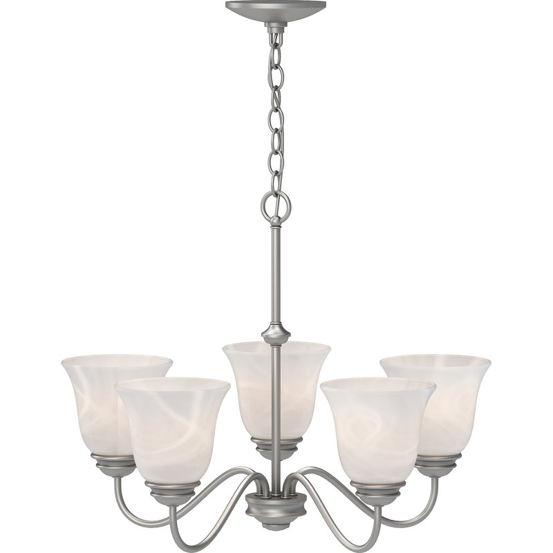 Kim 5-Light Indoor Nickel Hanging Chandelier with Alabaster Glass Bell Shades, Nickel