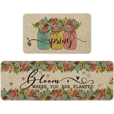 Vases Flowers Hello Spring Kitchen Mats - Multi - Set Of 2 Low-Profile Floor Rugs,