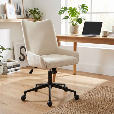 Mid-Century Modern Office Chair With High Backrest, Beige Velvet Desk Chair With Adjustable Height, Swivel & Rocking Tilt, Upholstered Home Office Chair With Smooth Ball Casters, Rolling Task Chair For Study Workspace