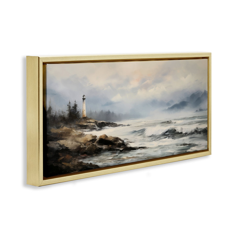 Art mural sur toile flottant encadré "Coastal Lighthouse Waves" par Petal Prints Design, H 11 po x l 25 po