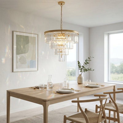 Lustre 23,6 pouces, lustre en cristal K9 à niveaux dorés, chaîne réglable 12 lumières E12 pour salon / salle à manger