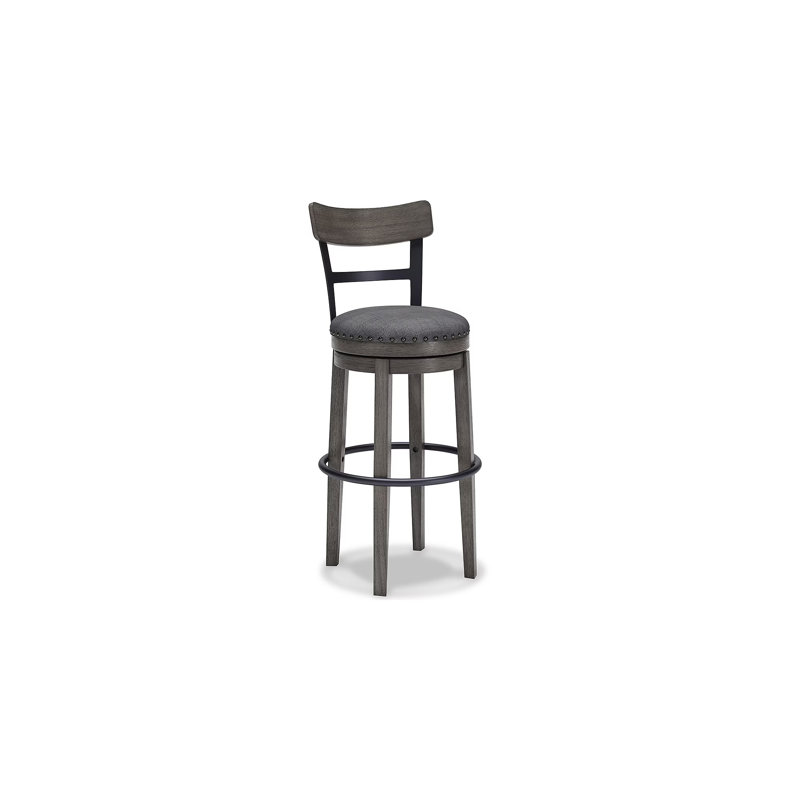 Elegant Gray Swivel Barstool with Curved Back and Nailhead Trim