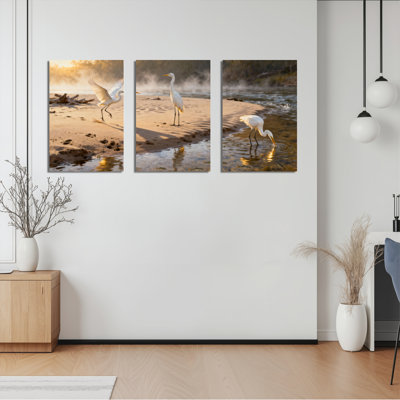 «White Heron Birds on Beach at Sunset», ensemble de 3 reproductions d'art sur toile tendues