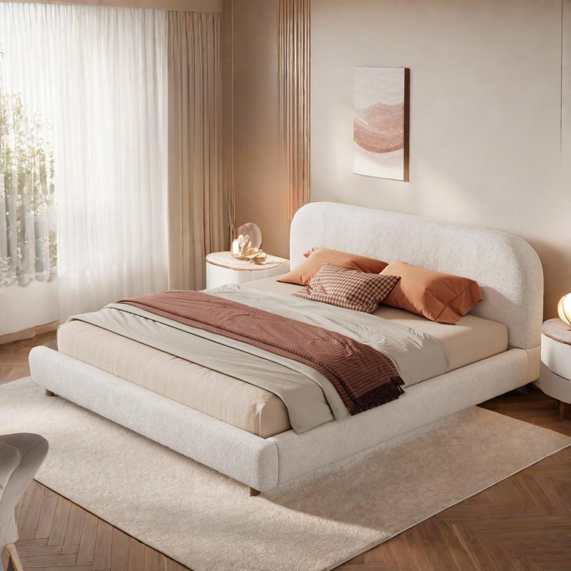 Upholstered platform bed with curved headboard and Keo loop fabric, Roi