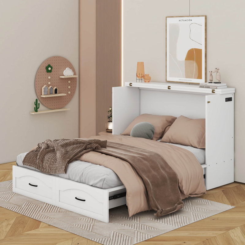 Lit escamotable double pleine grandeur avec tiroir et ensemble de prises et ports USB, Blanc
