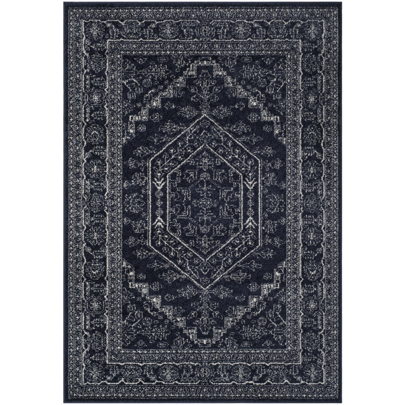 Tapis oriental bleu marine / ivoire Olius, Rectangle de 10 pi x 14 pi