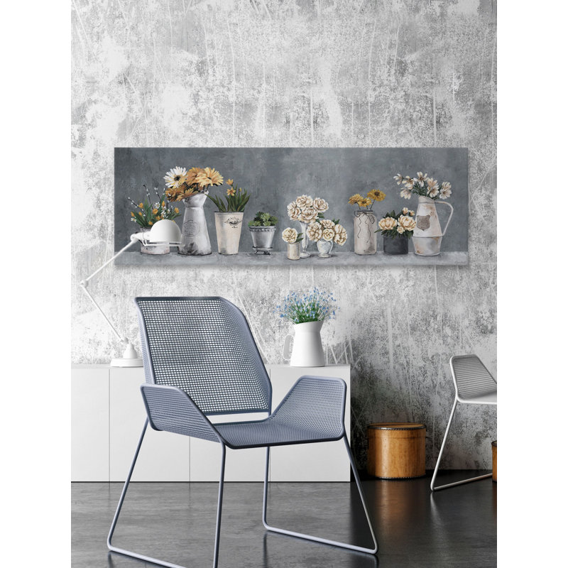 Rustic Gray Canvas Wall Art with Peach and White Flowers, 20" x 60"