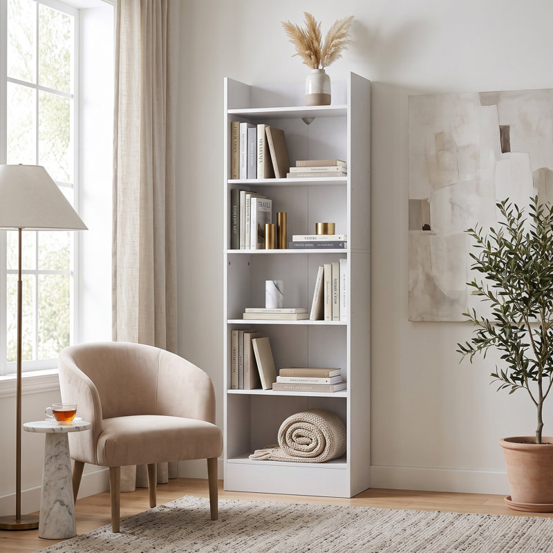 Bibliothèque à 6 niveaux avec tablettes réglables (3 hauteurs). L 18,9 po x P 9,5 po x H 66,9 po. Peut contenir 20 lb / tablette, 120 au total. Cadre en H et ancrage mural. Assemblage facile.