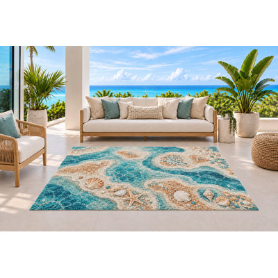 Tapis extérieur 5 pi x 7 pi, piscines de sable côtier avec coquillages et étoiles de mer assortis, tapis à boucles en PVC imperméable, tapis de patio robuste à séchage rapide pour porche, terrasse, balcon, entrée