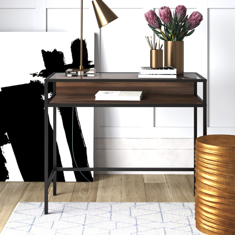 Metal Base Writing Desk, Dark Walnut