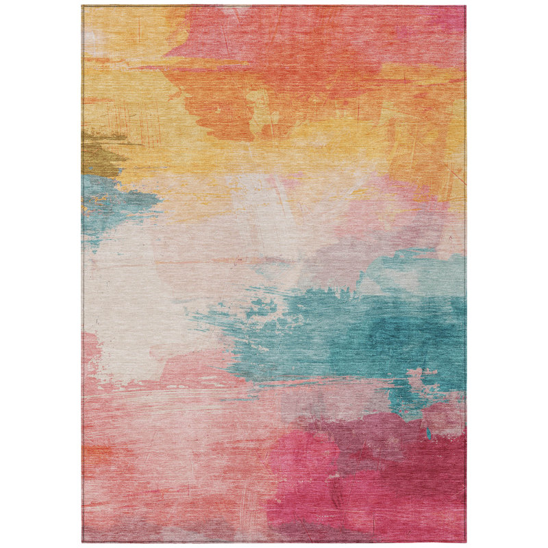 Tapis intérieur lavable abstrait 3 pi x 5 pi or rose et bleu sarcelle