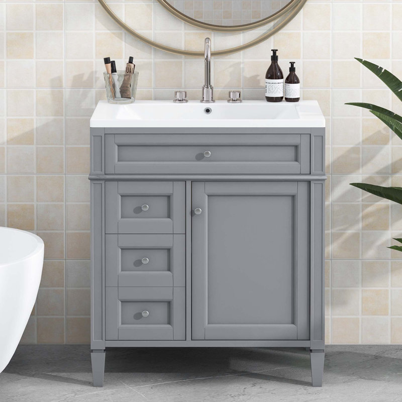 Modern Bathroom Vanity With Top Sink, 2 Drawers And A Tip-Out Drawer, Gray