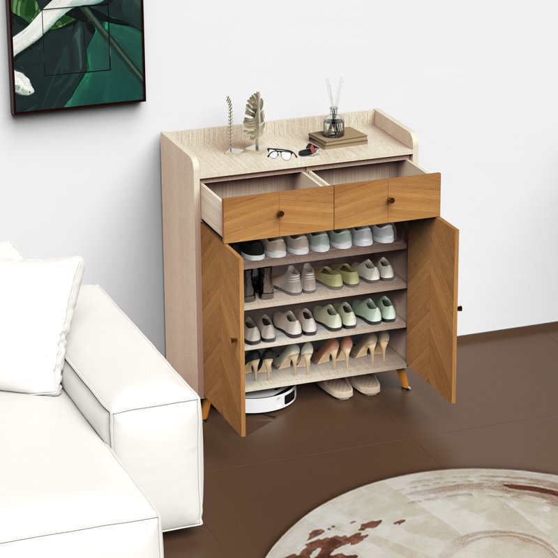 4-tier Shoe Storage Cabinet With Drawers, Natural/Brown