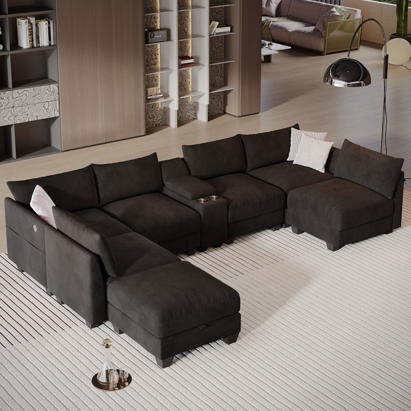 Amold 136 '' Modern U-shaped Sectional Sofa, Living Room Modular Cloud Couch With Ottoman And Console, Black 
