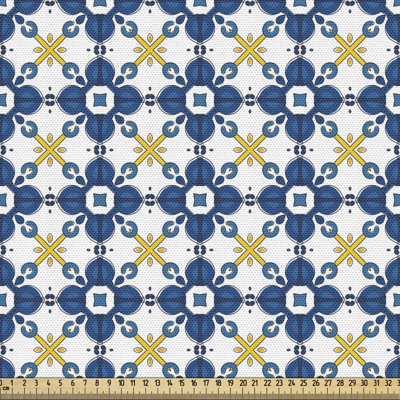 fab_57724_ Tissu à motif de bandes dessinées de style traditionnel azuréen traditionnel, tissu décoratif pour le revêtement et les décorations de maison, bleu jaune blanc