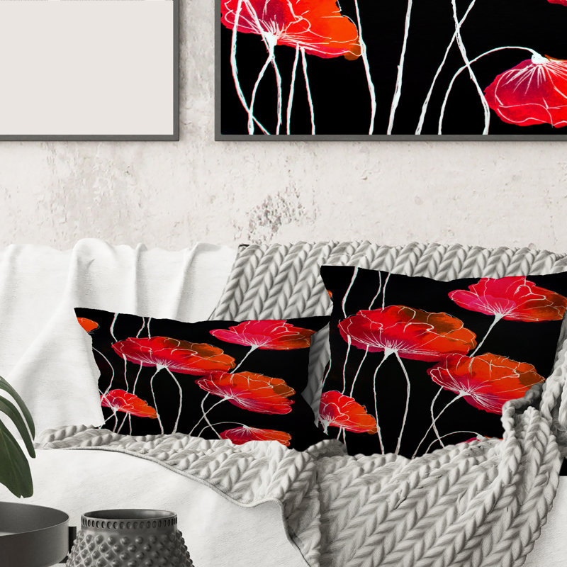 Abstract Red Flower Detail On Black II - Traditional Printed Pillow