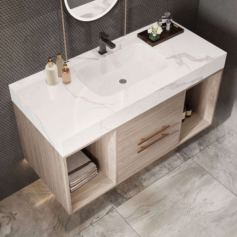 Meuble-lavabo flottant 39,4 po avec lavabo en céramique, 2 tiroirs à fermeture en douceur et plateau en ardoise