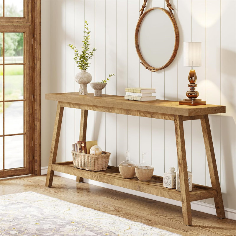 Console de style campagnard extra long de 70,9 po, table d'entrée en bois massif avec rangement ouvert à 2 niveaux, canapé rustique étroit derrière le canapé pour le couloir, le salon ou le vestibule, brun clair