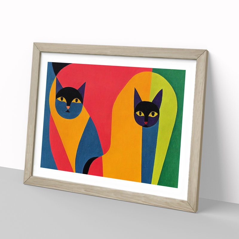 XH1022-9251X Two Abstract Cats Vol.7 - Single Picture Frame Print, 46cm H x 64cm W x 2cm D, Oak