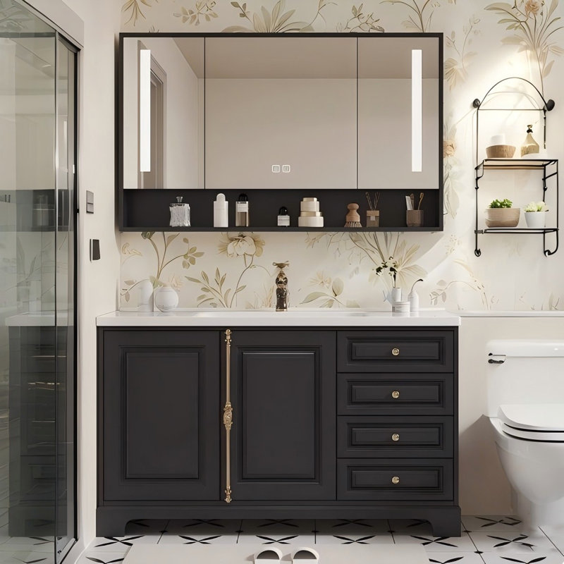 Meuble-lavabo autoportant en bois d'hévéa noir et blanc 44,09 po avec miroir, 44"