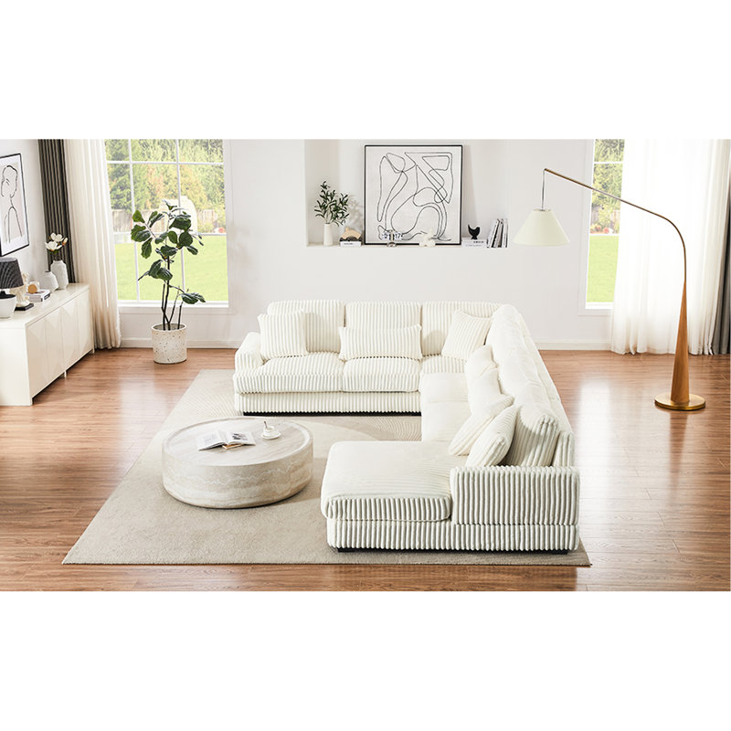 Canapé modulaire en velours côtelé beige avec salon ergonomique incurvé spacieux en forme de U