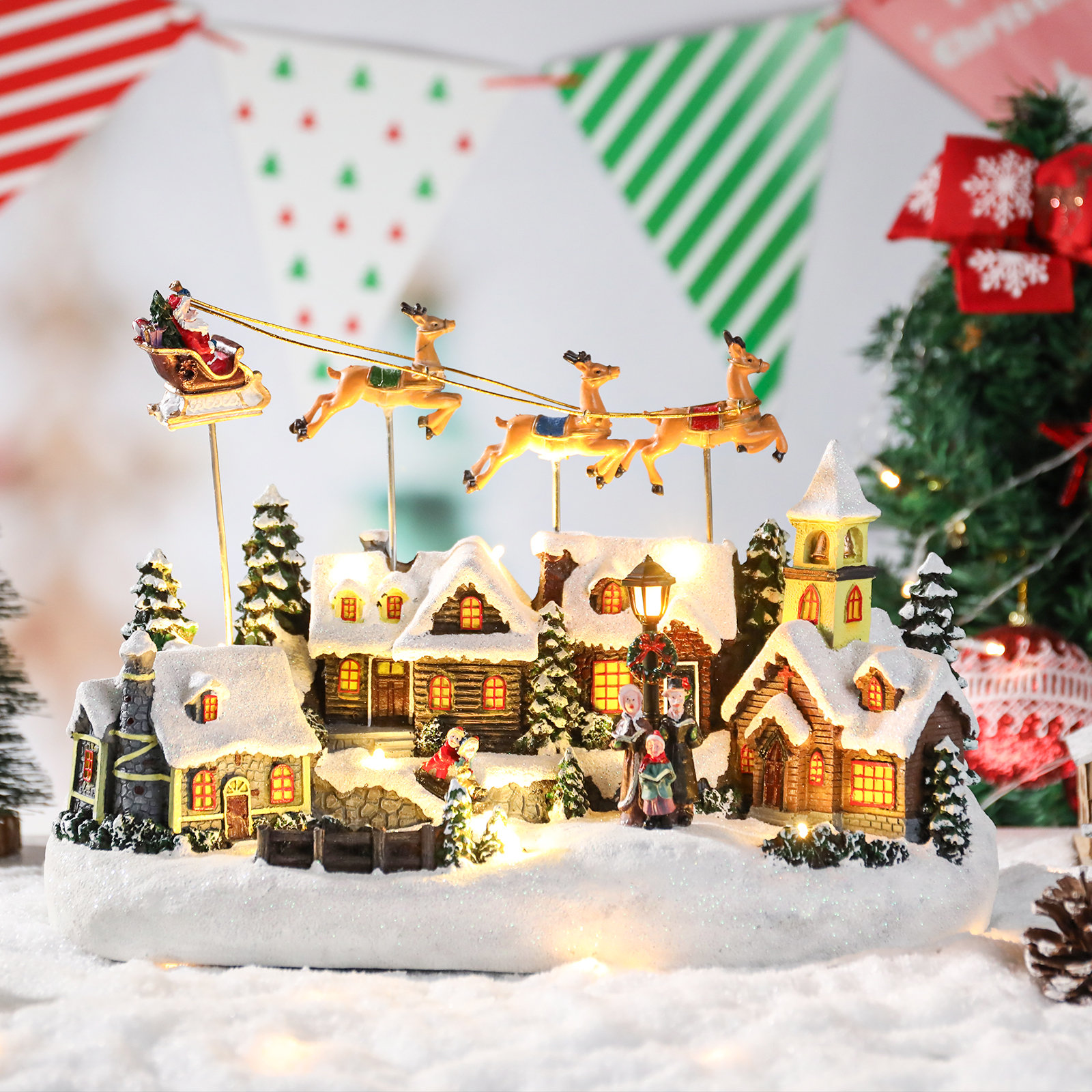The Holiday Aisle® Glowing Christmas Village Collectible Santa Claus With 3-Elk for Christmas Holiday Decorations | Wayfair