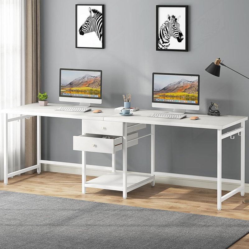 Bureau d'ordinateur pour deux personnes avec tiroirs et tablettes de rangement, table de travail double extra longue avec crochets