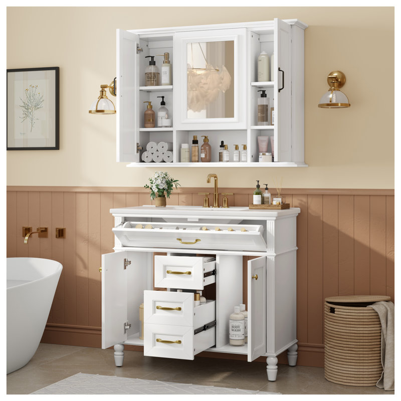 Armoire de salle de bain murale 36 pouces avec miroir - Armoire de rangement moderne blanche avec 3 portes, rangement dissimulé et tablettes réglables