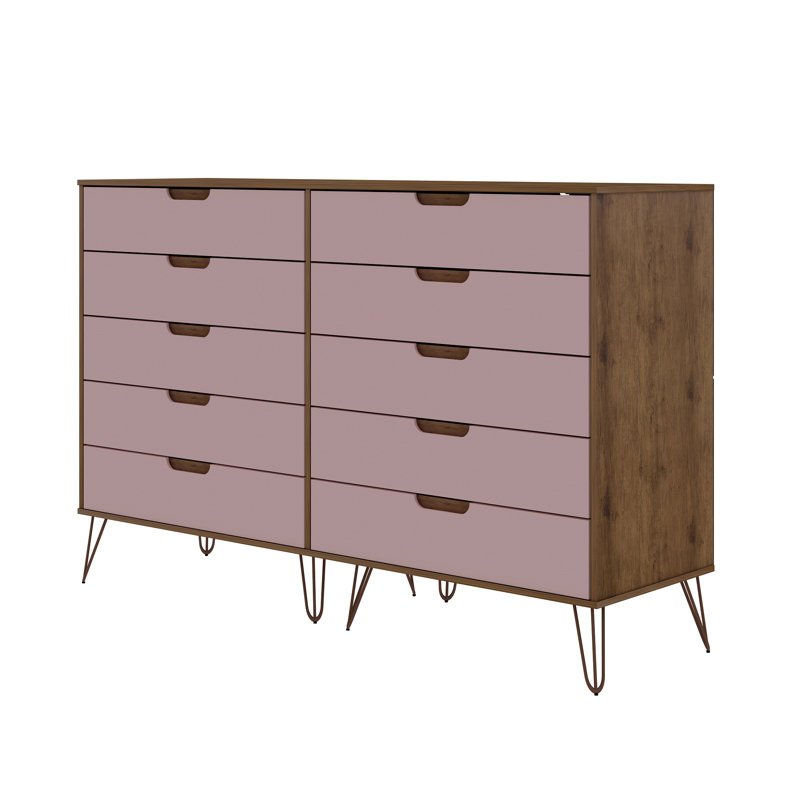 Commode double 70 po avec 10 tiroirs Rockefeller, Rose rosé / brun