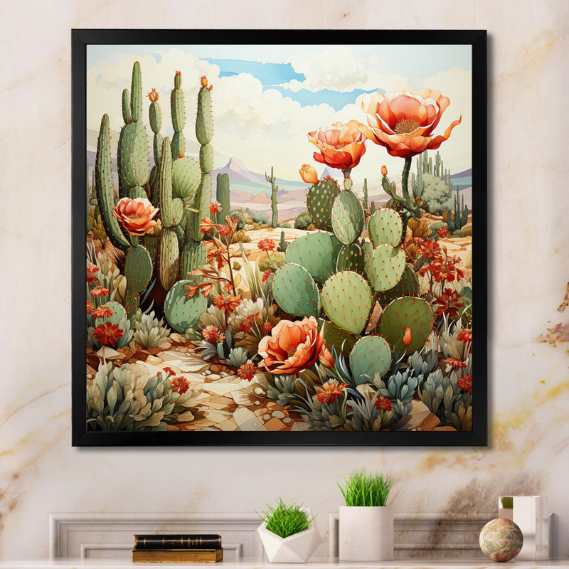 Corail vert cactus désert pointillisme III - art mural de cactus pour le salon, H 24 po x l 24 po x P 1 po, Cadre simple noir