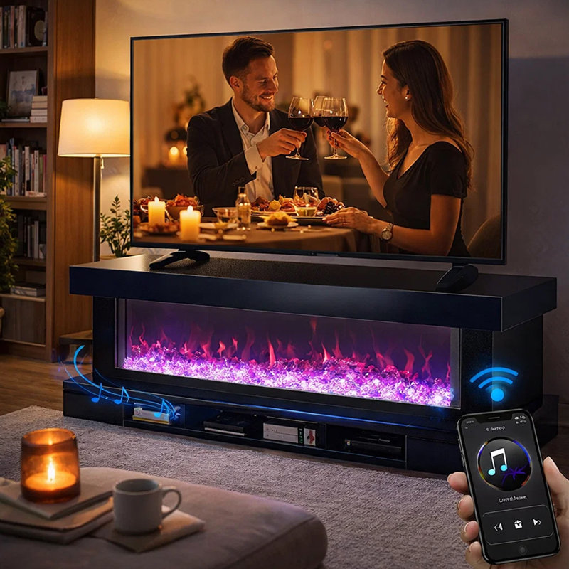 Meuble télé avec foyer et haut-parleur Bluetooth 71 pouces Vista