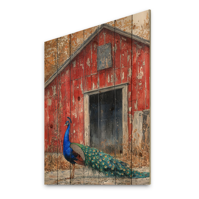 Paon à la ferme jardin II - décoration murale oiseau en bois - sur bois de pin naturel, H 20 po x l 10 po x P 0,78 po
