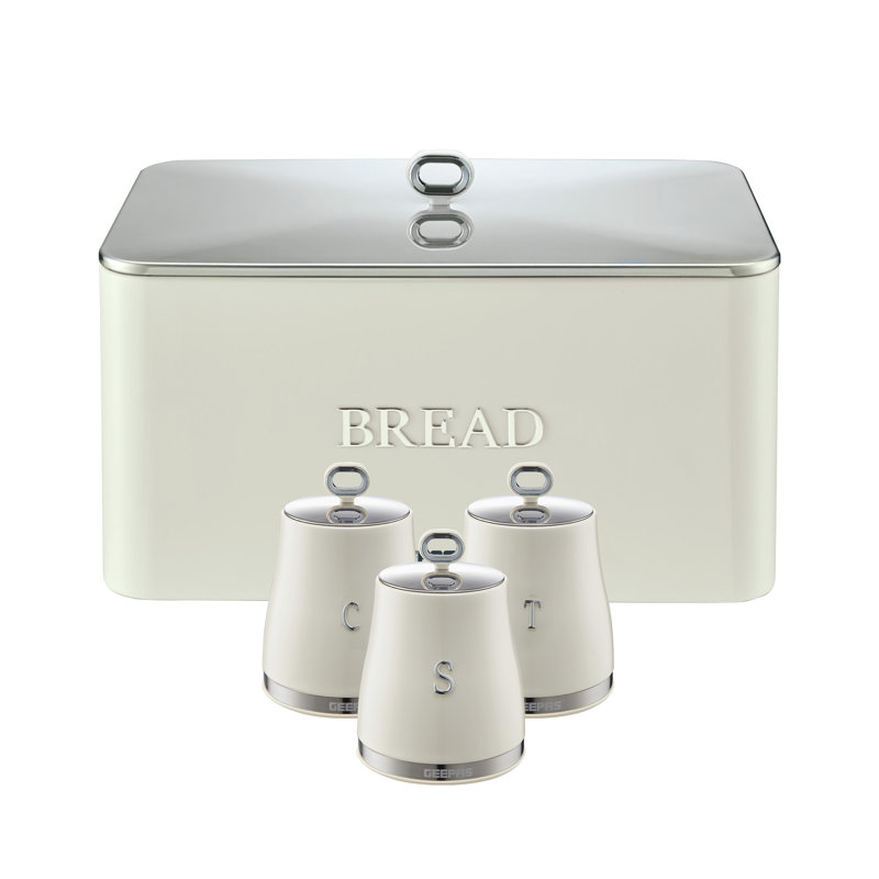 GEEPAS Retrovive Tea Coffee Sugar Canister & Bread Bin Set | 13L Bread Box 1.4L Airtight Canister Set | Carbon Steel Build Kitchen Counter Storage Space Saver | 2 Year Warranty