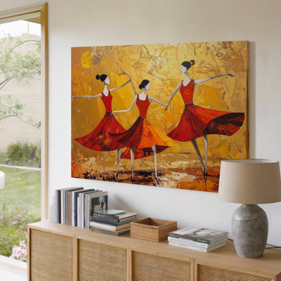 Art mural sur toile Joy In Motion, toile abstraite danseuse rouge sur fond doré, prête à être accrochée à la galerie, décoration moderne