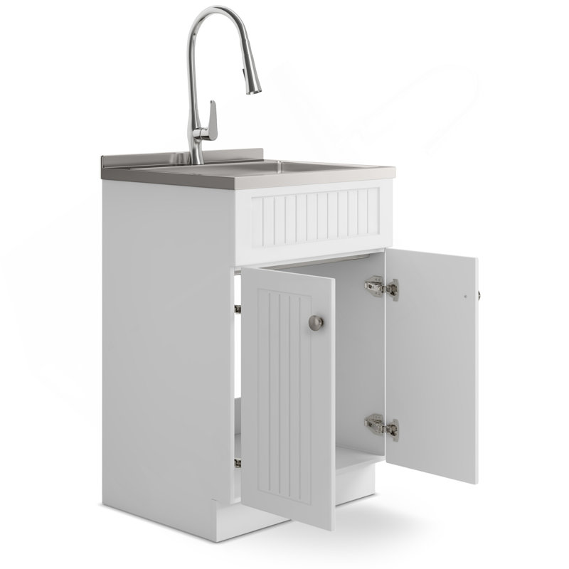 Armoire à lessive 24 "avec robinet et évier en acier inoxydable - blanc, 35.4" H x 23.6" W x 19.7" D