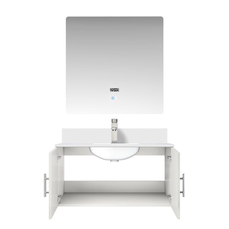 Meuble-lavabo blanc lustré 36 po X 22 po, avec comptoir en quartz, robinet, miroir à DEL - aux égratignures et aux taches pour une expérience de salle de bain relaxante