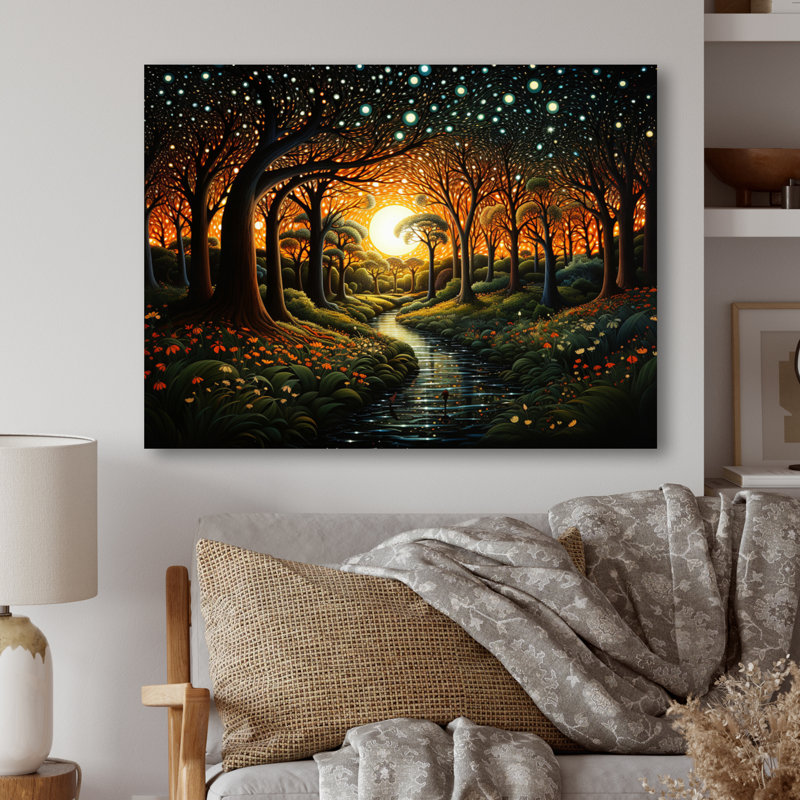 Forêt brune enchantée, pointillisme, impression d'art mural en métal, H 30 po x l 40 po x P 1 po
