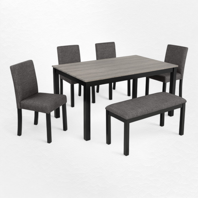 Farmhouse 6 Piece Dining Set Kitchen Table Set With Bench,,dining room set,dinning table set, Dark Gray/Black