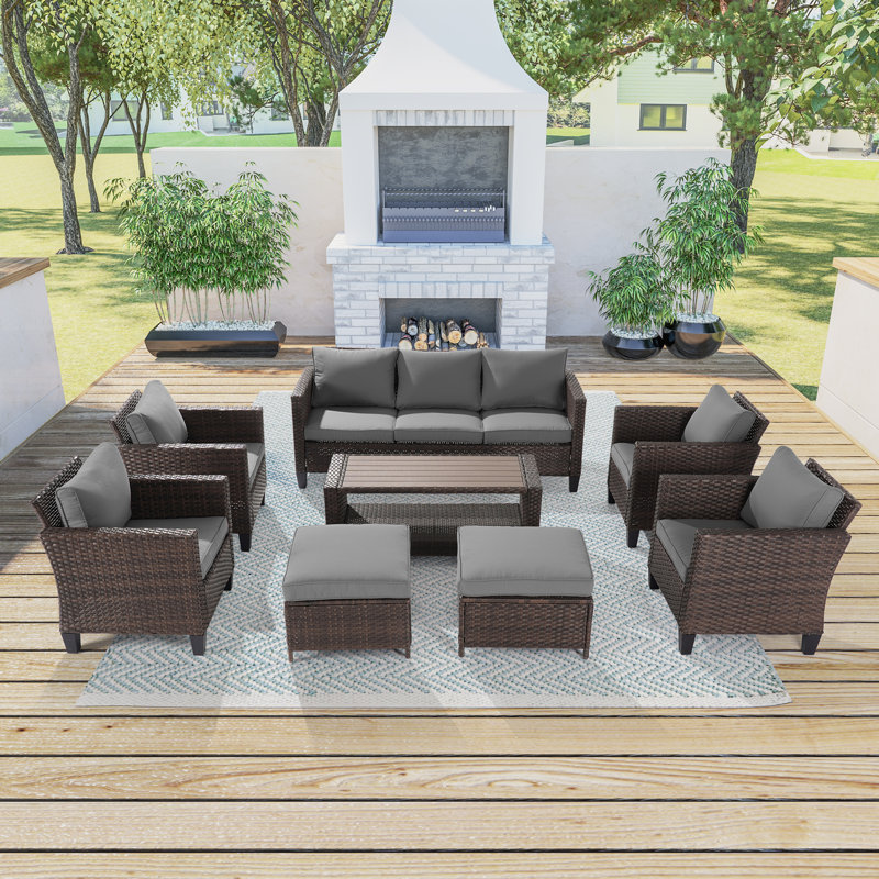 Pozzo Wood 7 - Person Patio Conversation Sets with Cushions, Gray