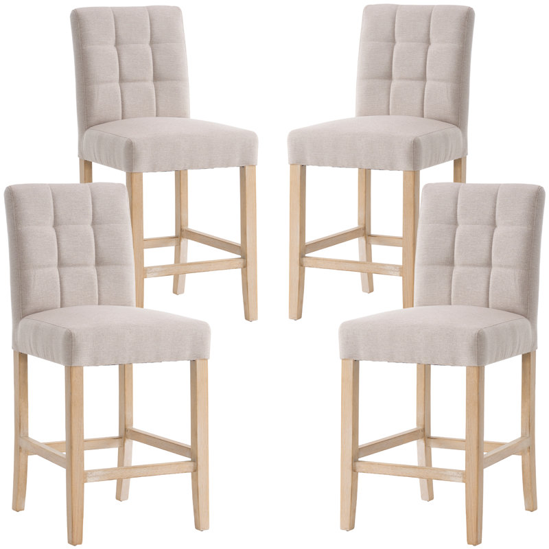 Modern Counter Height Bar Stool With Back, 25.2'' Seat Height Beige Linen Upholstered Solid Wood Bar Stools For Home Bar Kitchen Island, Fully Assembly