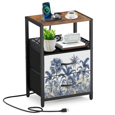 Table de chevet 2 tiroirs en tissu avec station de charge