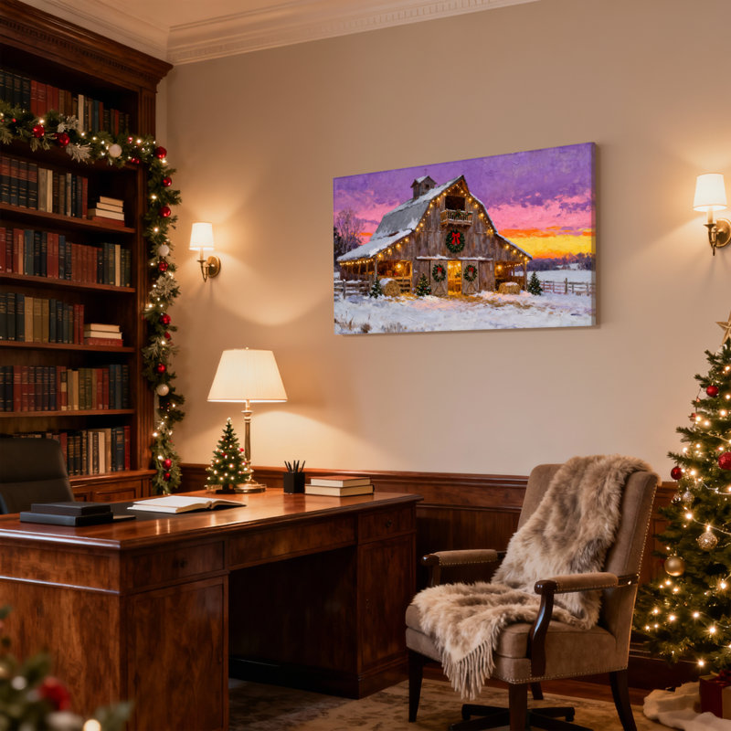 Grange de Noël avec lumières de Noël et couronnes, ensemble de 3 impressions sur toile, H 20 po x l 30 po
