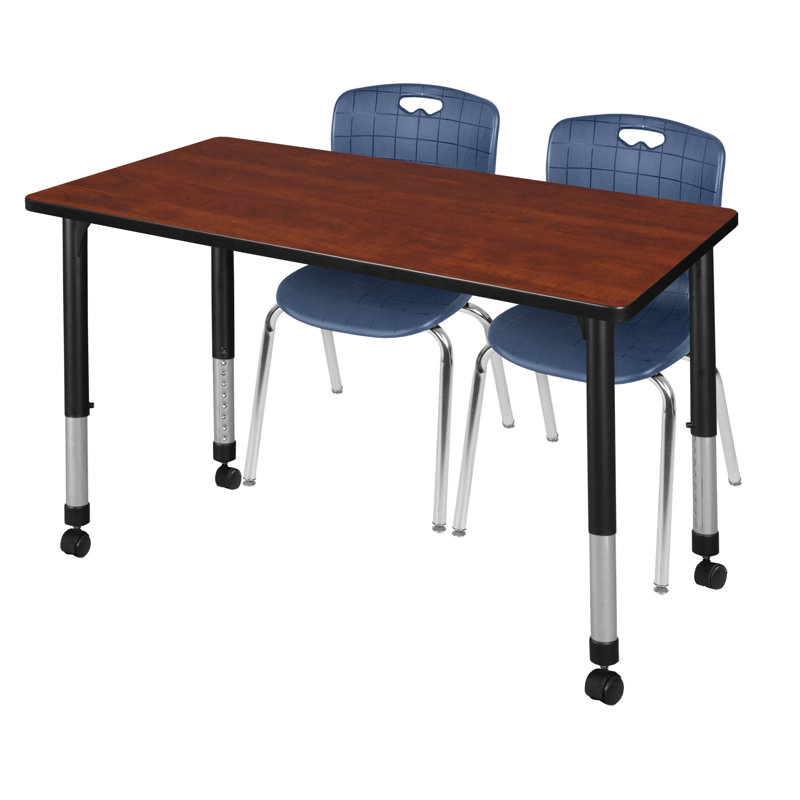 Regency Kee Mobile Adjustable Classroom Table & 2 Andy 18 in. Stack Chairs, 34" H x 48" L x 24" W, Cherry/Chrome/Navy Blue